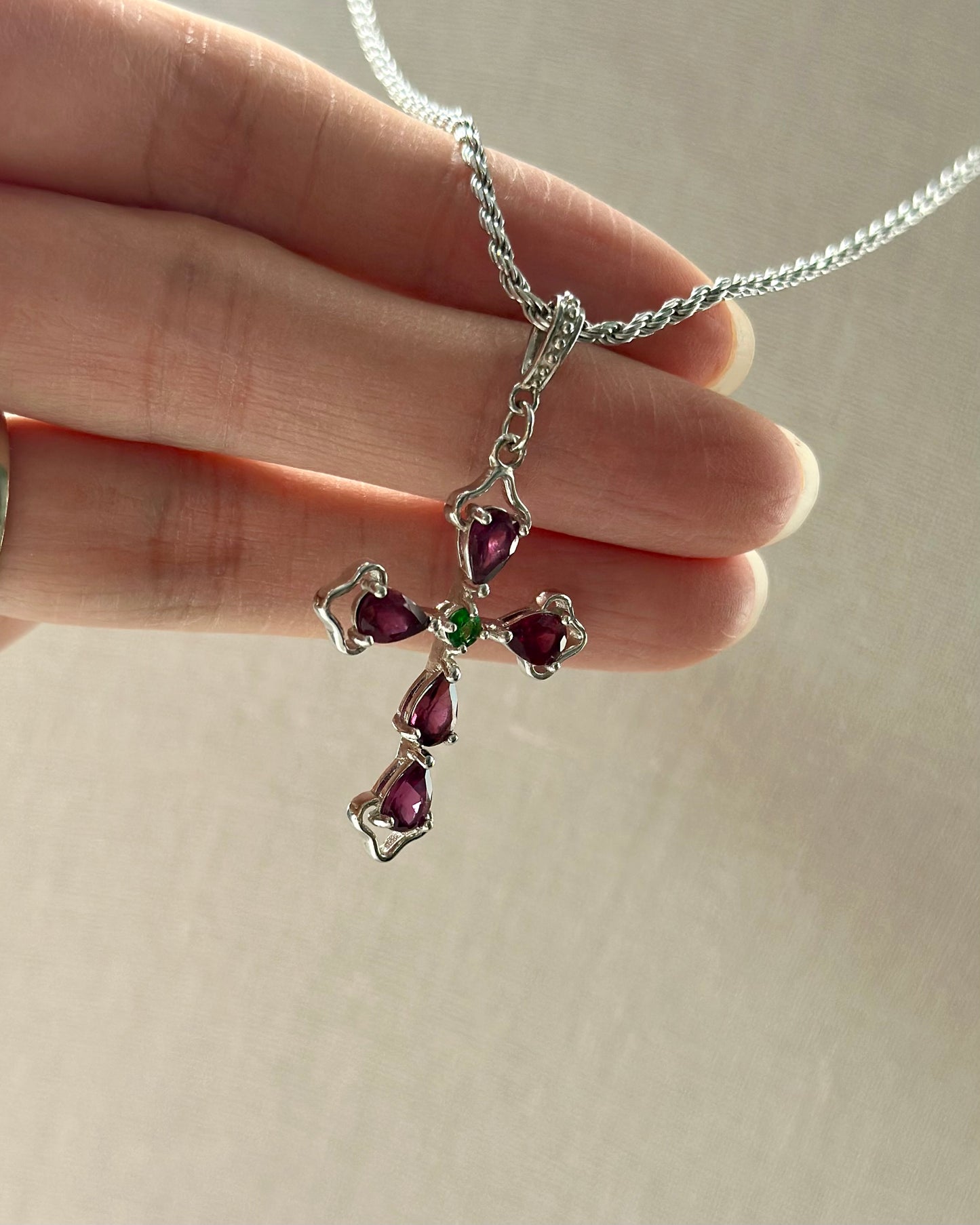 Garnet And Diopside Cross Sterling Silver Pendant