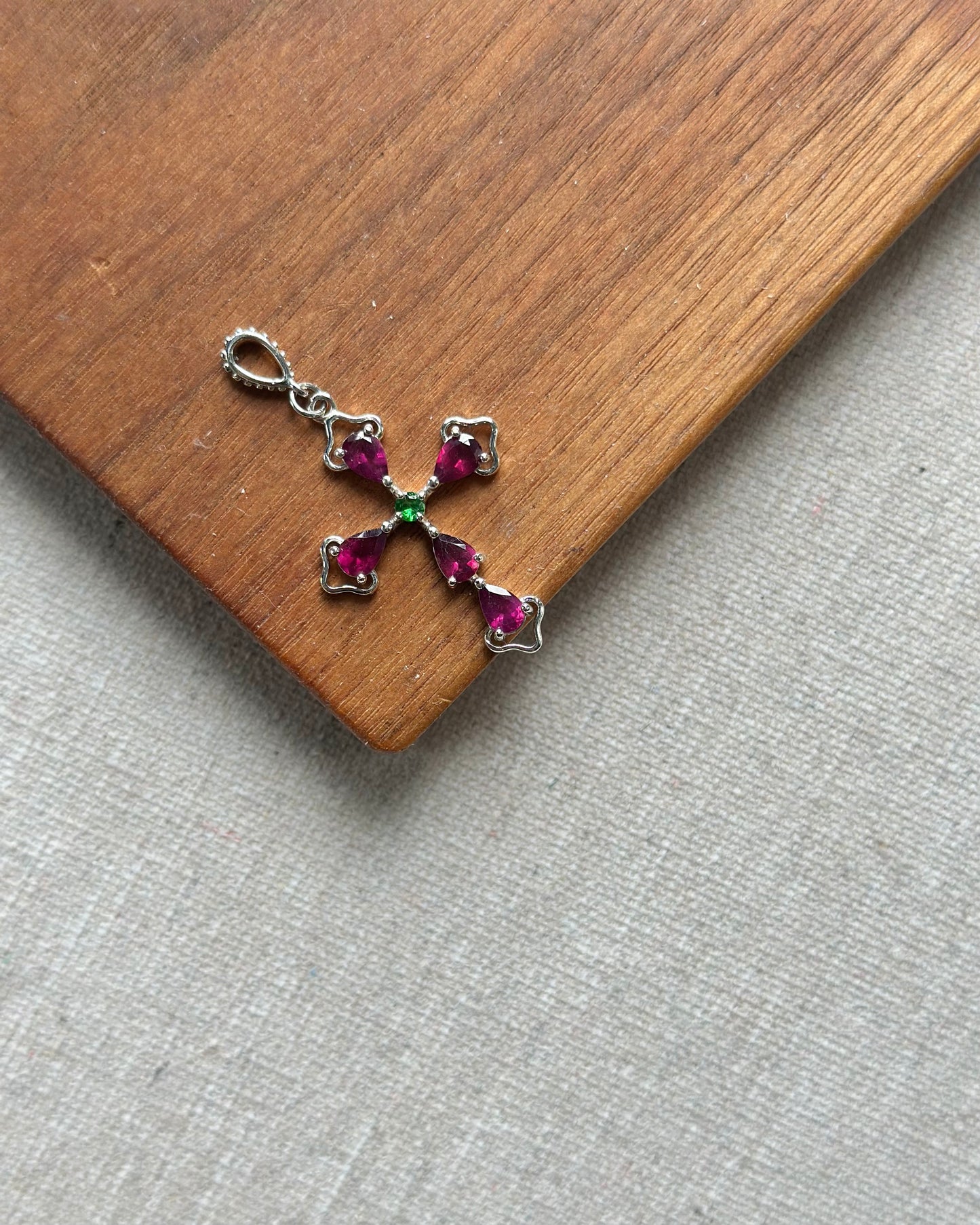 Garnet And Diopside Cross Sterling Silver Pendant