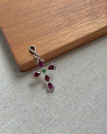 Garnet And Diopside Cross Sterling Silver Pendant