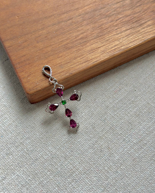 Garnet And Diopside Cross Sterling Silver Pendant
