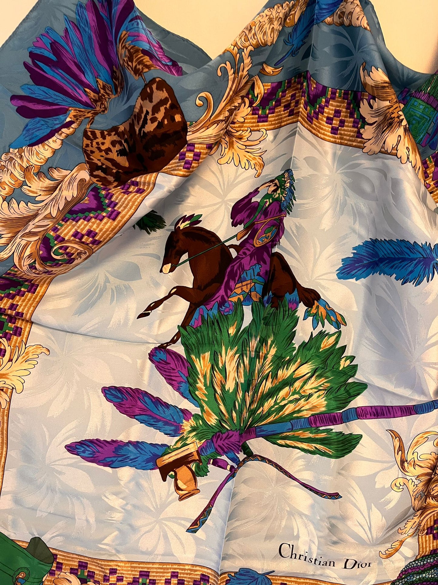 Christian Dior Feather & Leaves Printed Vintage Scarf