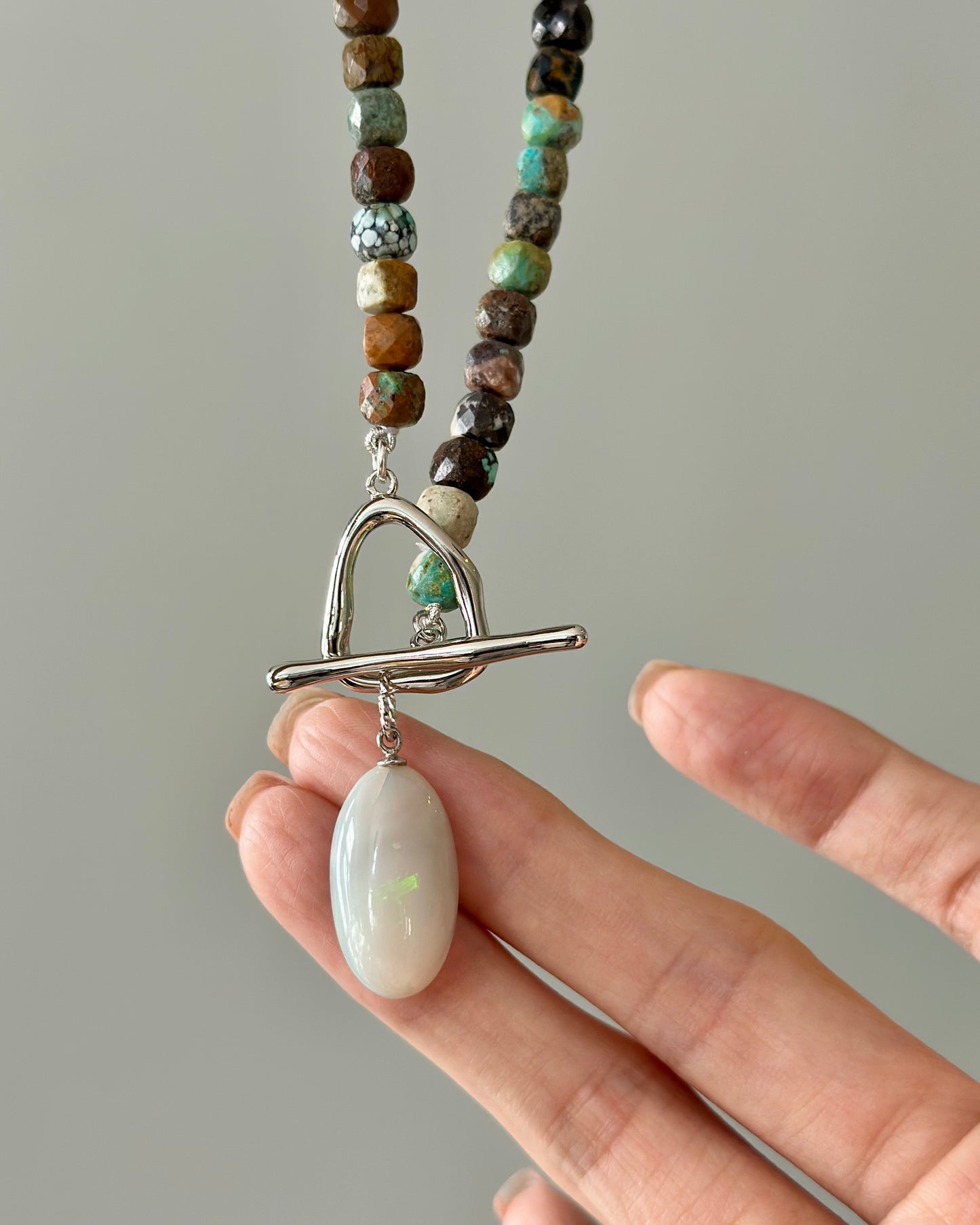 Turquoise Beaded And Opal Hoop Toggle Necklace