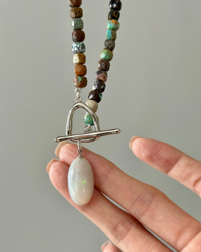 Turquoise Beaded And Opal Hoop Toggle Necklace