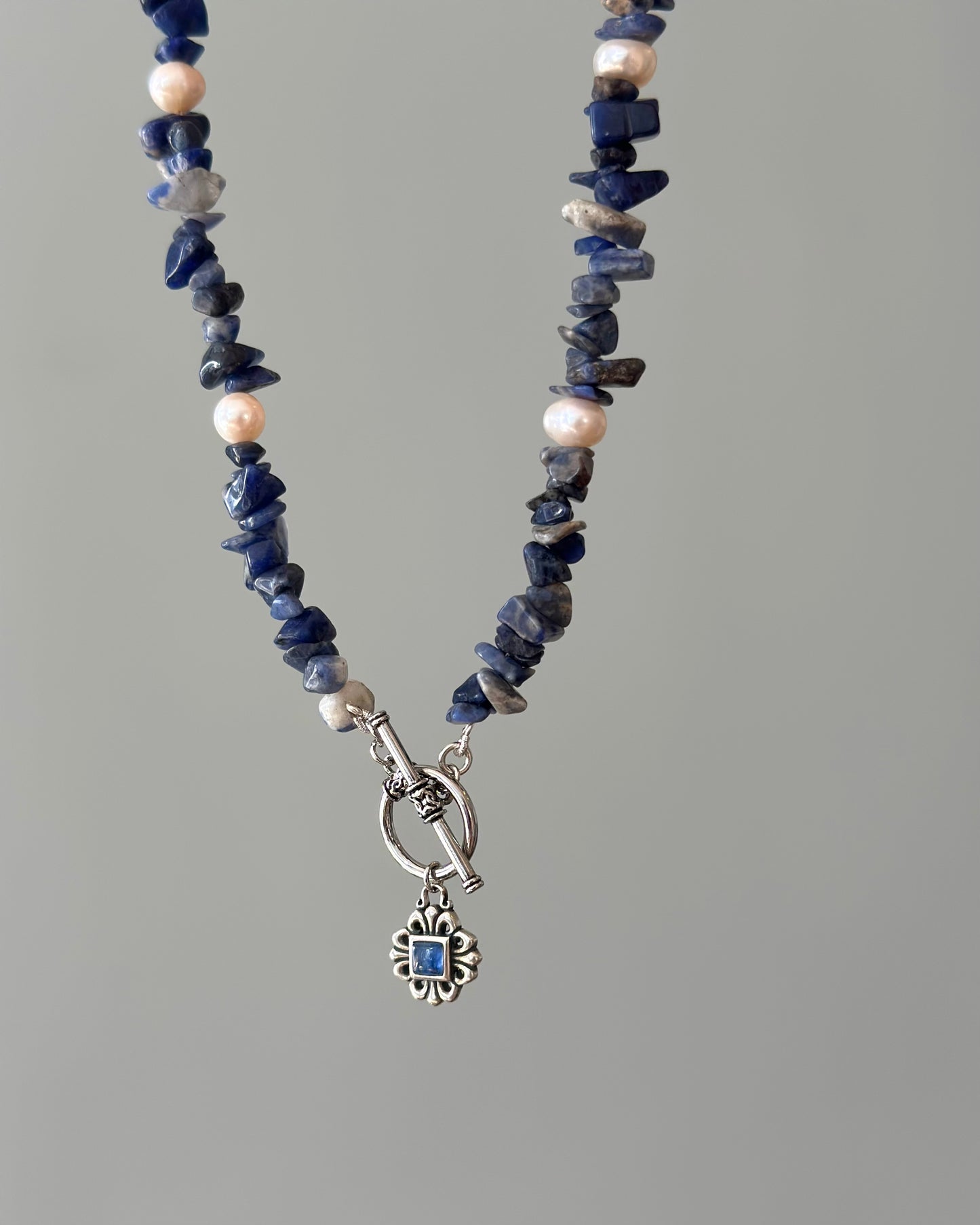 Sodalite Beaded And Kyanite Hoop Toggle Necklace