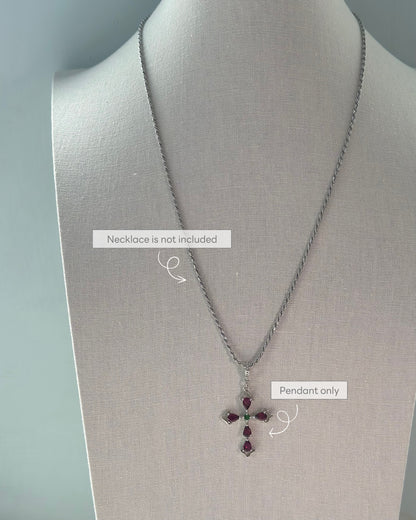 Garnet And Diopside Cross Sterling Silver Pendant