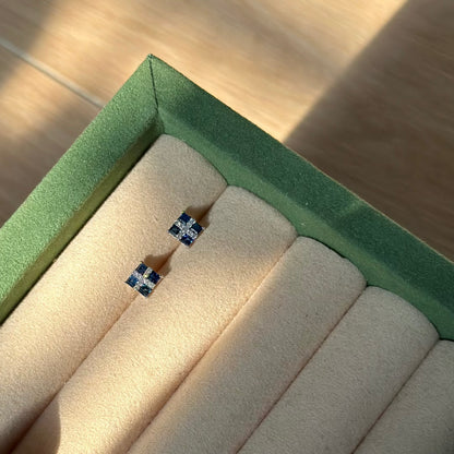 18K Solid White Gold Sapphire And Natural Diamond Ear Stud