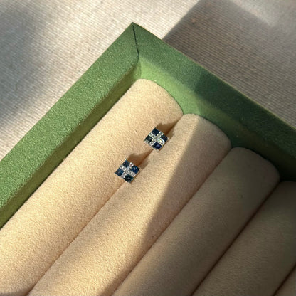 18K Solid White Gold Sapphire And Natural Diamond Ear Stud