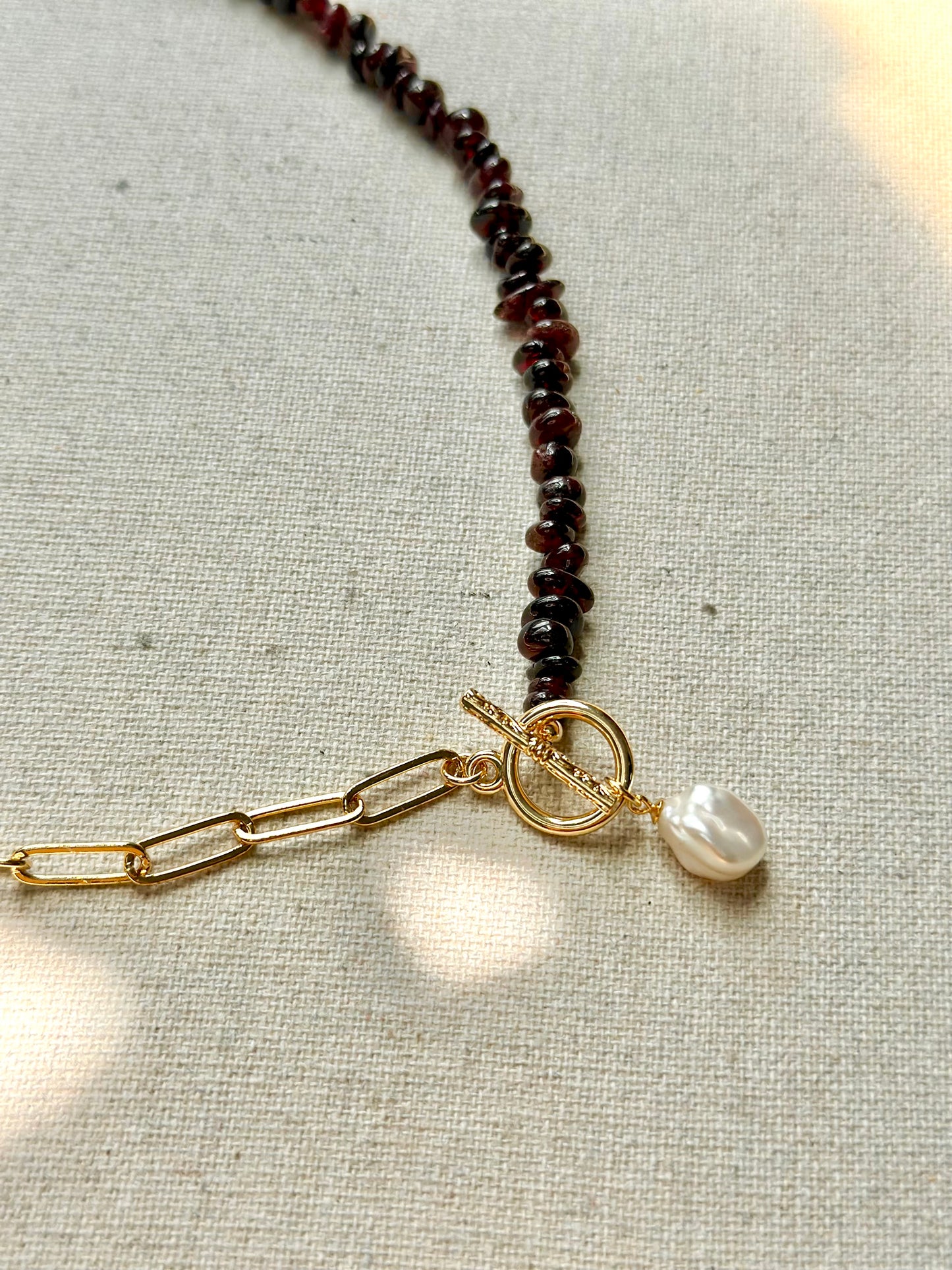 Garnet Beaded Asymmetric Chain Gold-plated Necklace