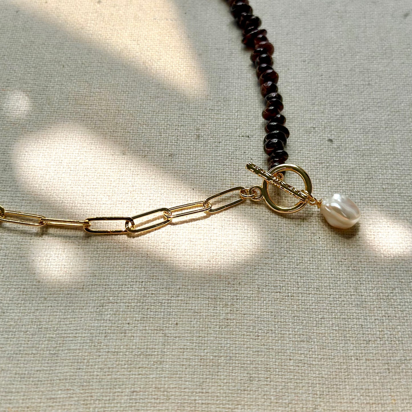 Garnet Beaded Asymmetric Chain Gold-plated Necklace