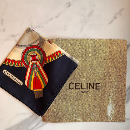 CELINE PARIS Vintage Navy And White Horse Carriage Printed Scarf