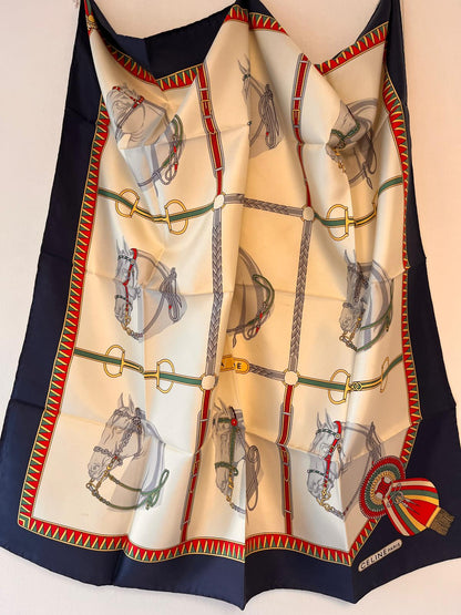 CELINE PARIS Vintage Navy And White Horse Carriage Printed Scarf