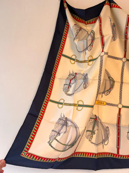 CELINE PARIS Vintage Navy And White Horse Carriage Printed Scarf