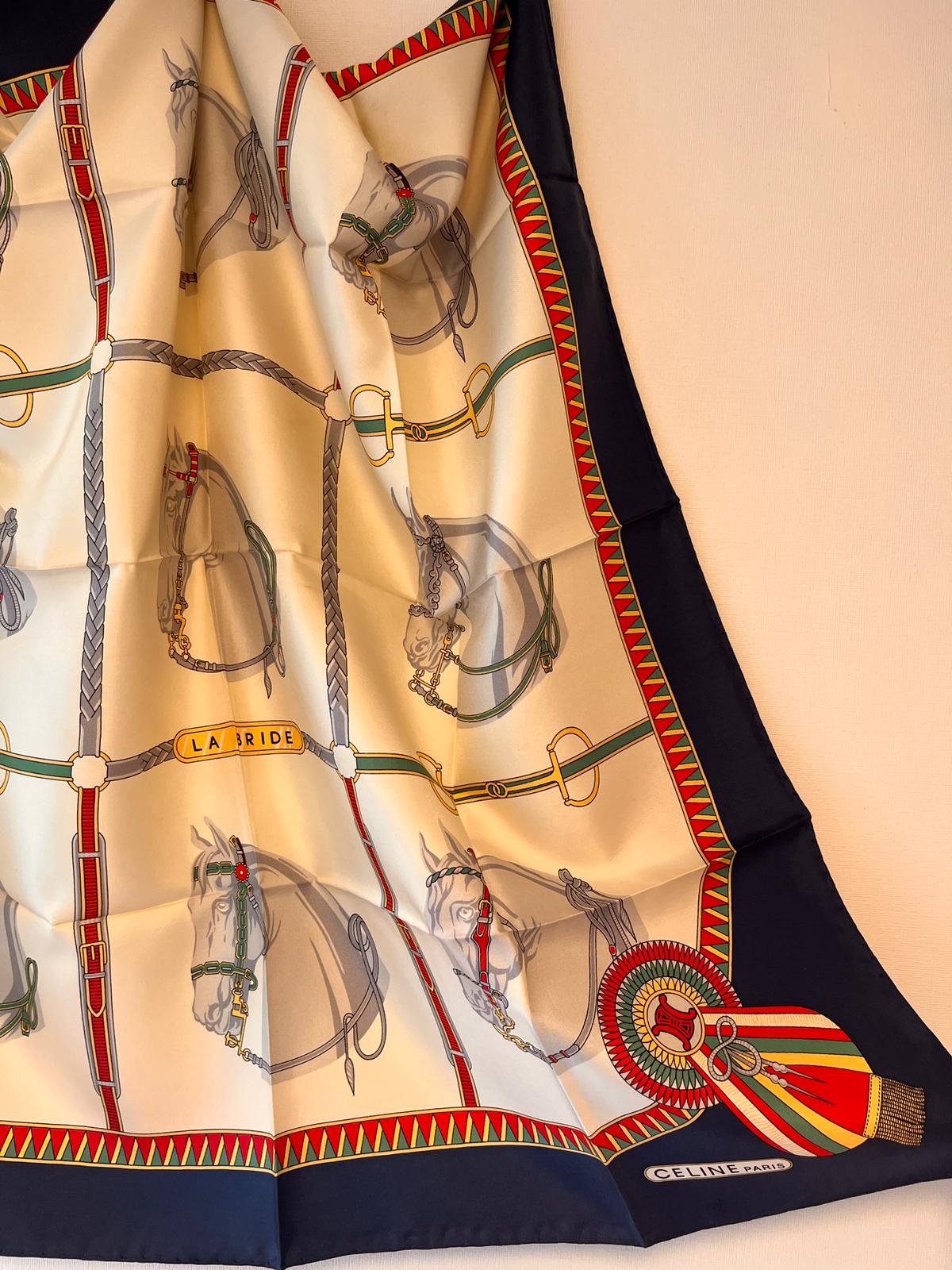 CELINE PARIS Vintage Navy And White Horse Carriage Printed Scarf