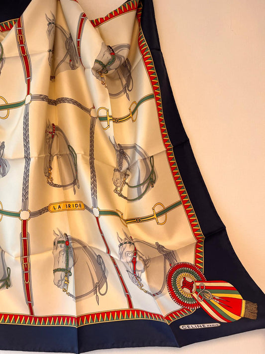 CELINE PARIS Vintage Navy And White Horse Carriage Printed Scarf
