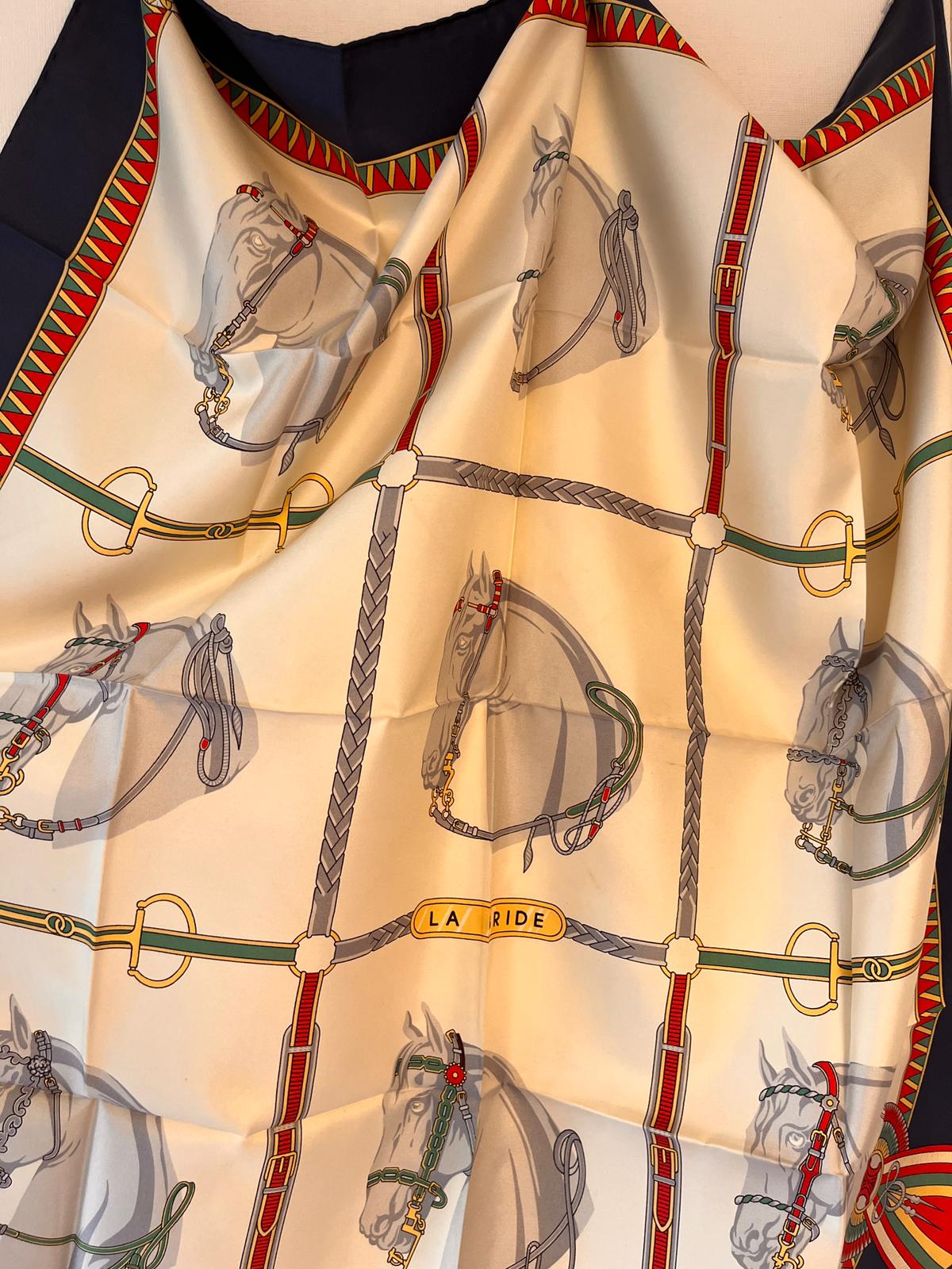 CELINE PARIS Vintage Navy And White Horse Carriage Printed Scarf