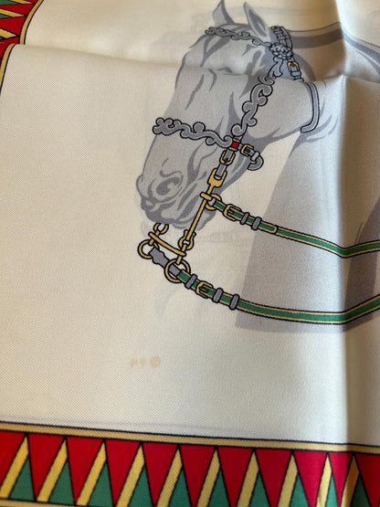 CELINE PARIS Vintage Navy And White Horse Carriage Printed Scarf