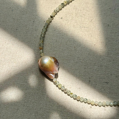 Prehnite Beaded And Baroque Freshwater Pearl Necklace