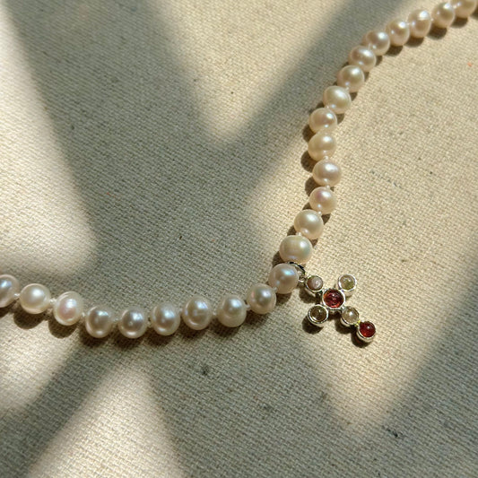 Freshwater Pearl Beaded And Tourmaline Cross Necklace