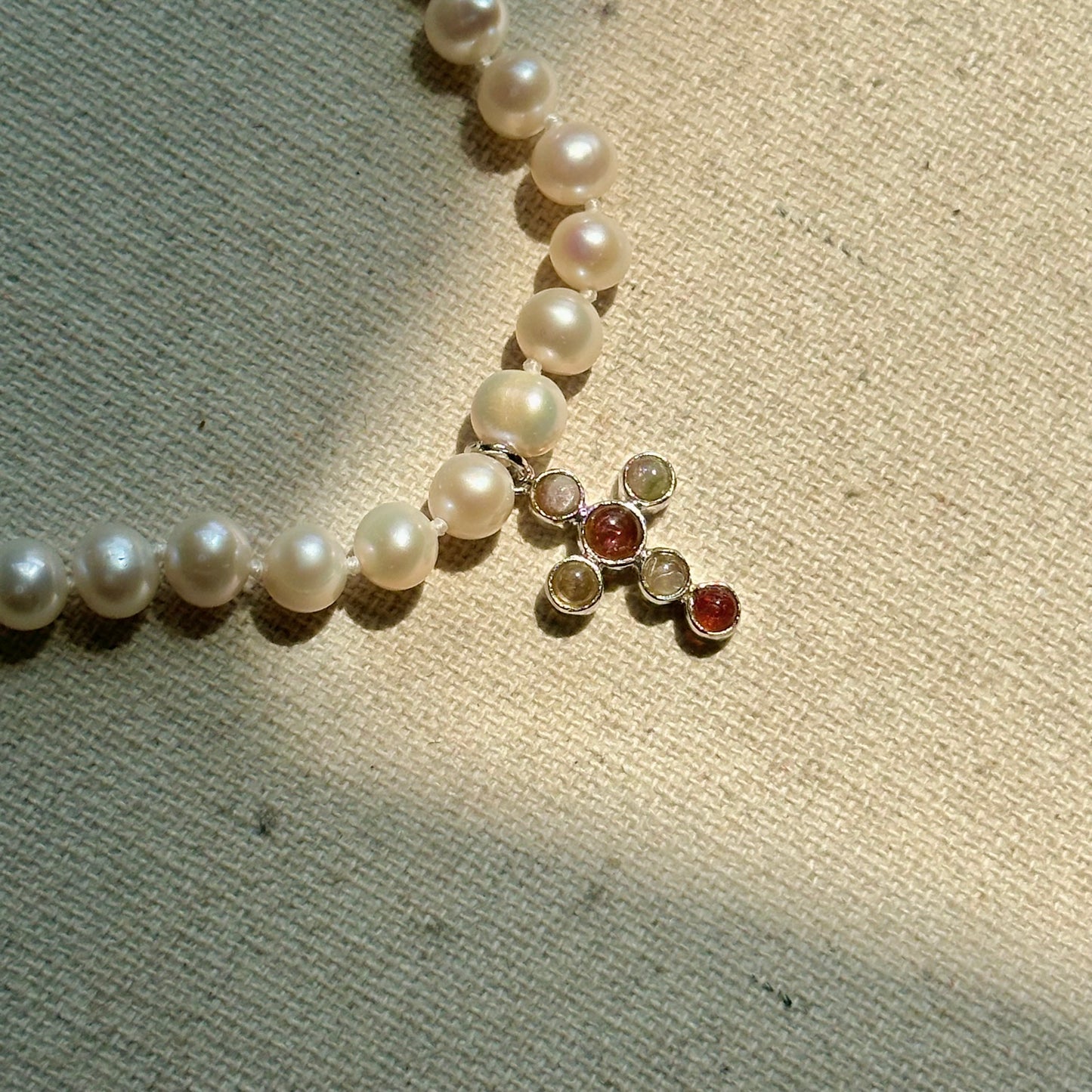 Freshwater Pearl Beaded And Tourmaline Cross Necklace