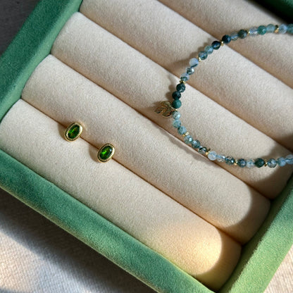 CHRISTMAS SET (2 ITEMS) Green Moss Agate Beaded Bracelet & Diopside Ear Stud