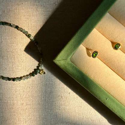 CHRISTMAS SET (2 ITEMS) Green Moss Agate Beaded Bracelet & Diopside Ear Stud