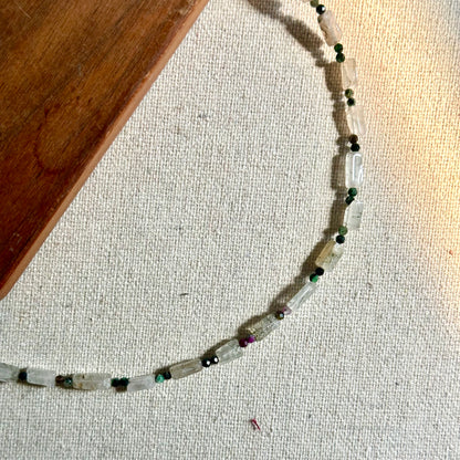 Black Rutilated Quartz And Ruby Zoisite Beaded Necklace