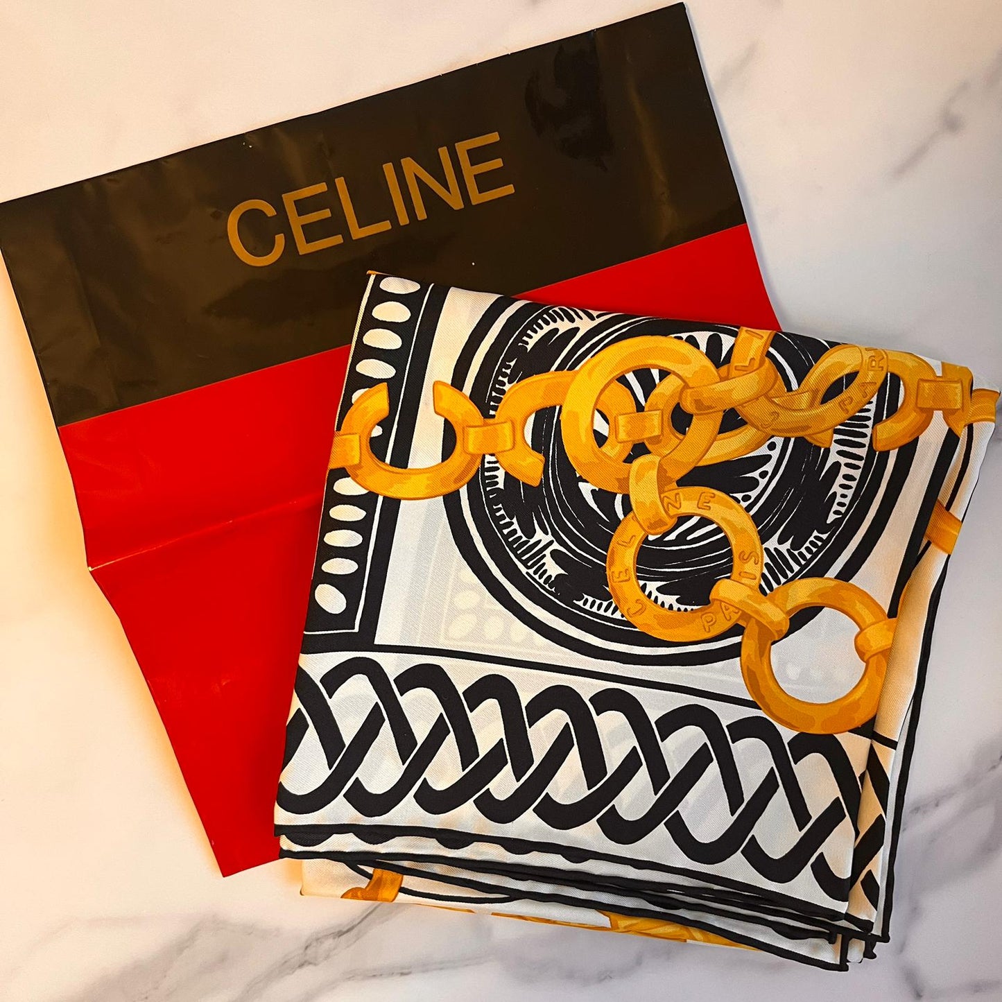 CELINE PARIS Vintage Coins And Chains Printed Scarf