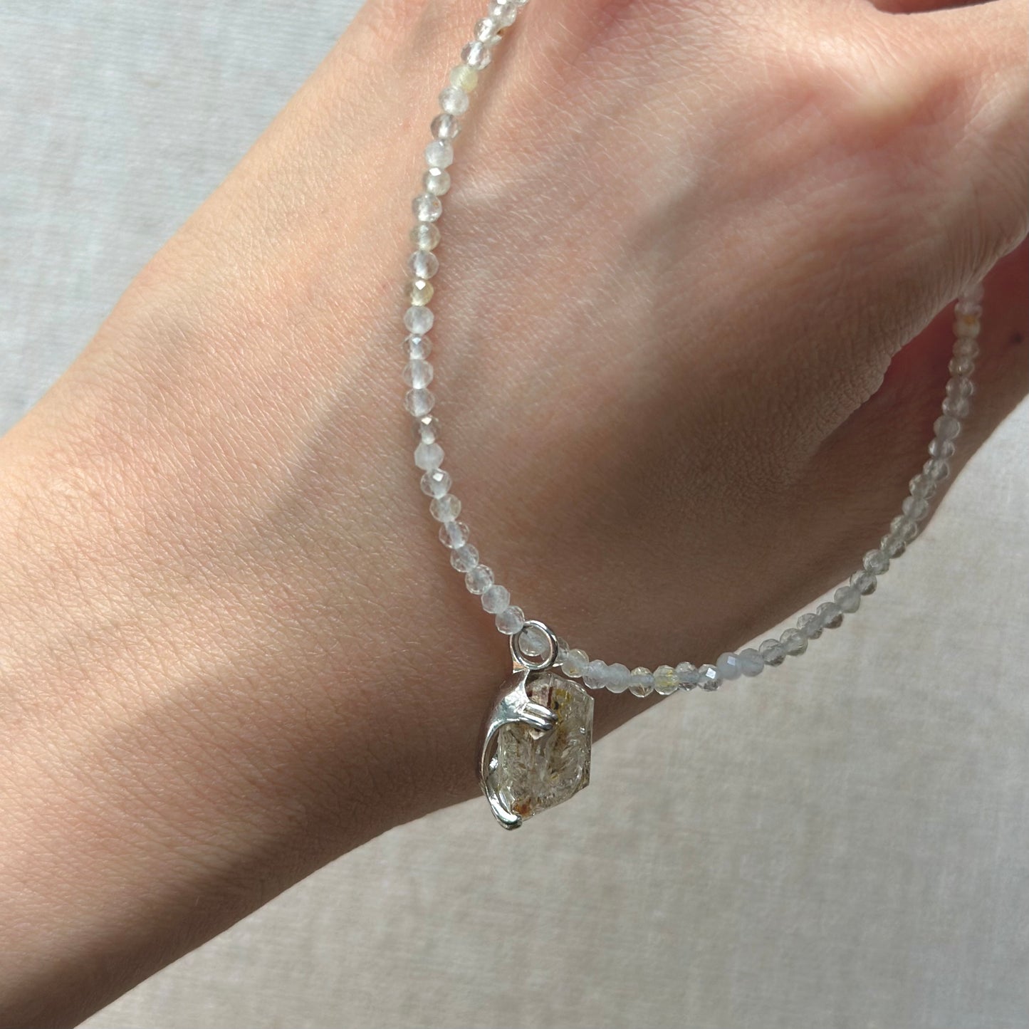 Golden Rutilated Quartz Beaded And Herkimer Diamond Necklace
