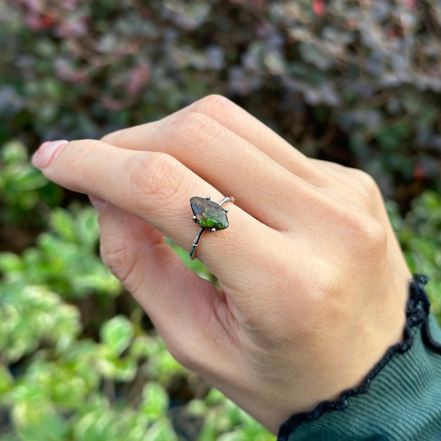 CHRISTMAS SET (2 ITEMS) Ammolite Sterling Silver Long Necklace & Ring