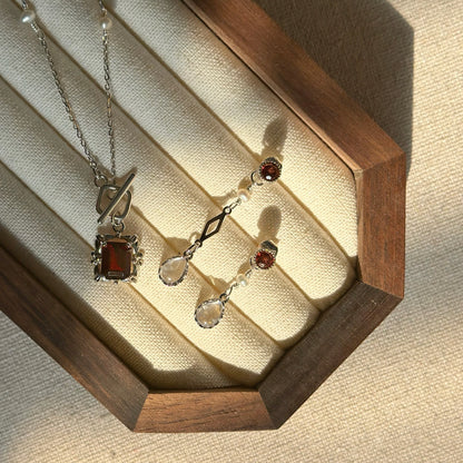 CHRISTMAS SET (2 ITEMS) Garnet Necklace & Garnet Mixed Moonstone Two-way Ear Stud
