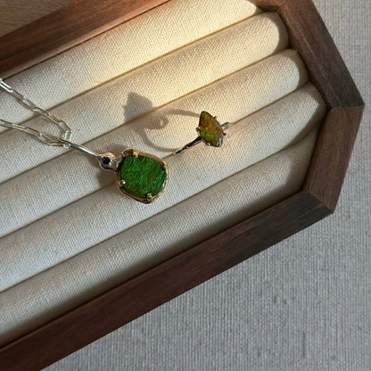 CHRISTMAS SET (2 ITEMS) Ammolite Sterling Silver Long Necklace & Ring