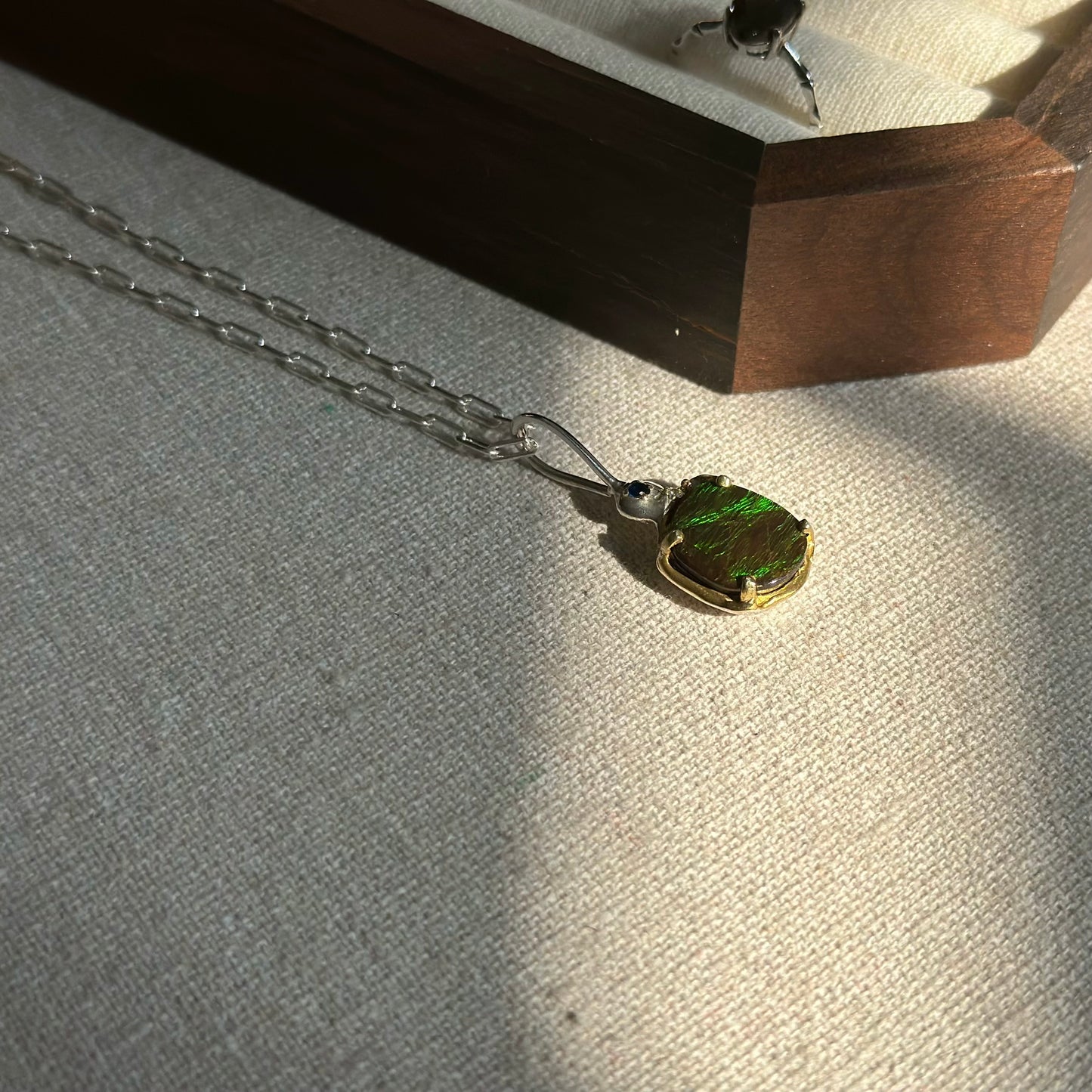 CHRISTMAS SET (2 ITEMS) Ammolite Sterling Silver Long Necklace & Ring