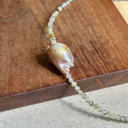 Prehnite Beaded And Baroque Freshwater Pearl Necklace