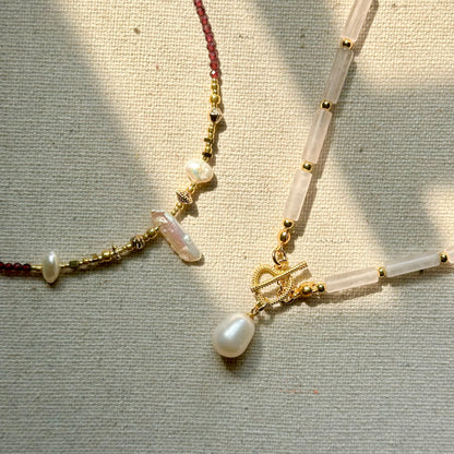 Garnet And Freshwater Pearl Beaded Gold-plated Necklace