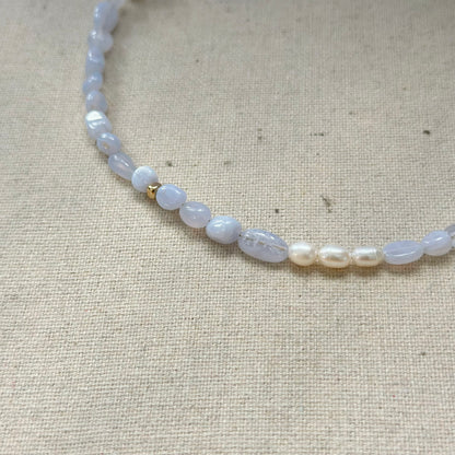 Blue Lace Agate And Freshwater Pearl Beaded Asymmetric Necklace