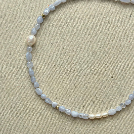 Blue Lace Agate And Freshwater Pearl Beaded Asymmetric Necklace
