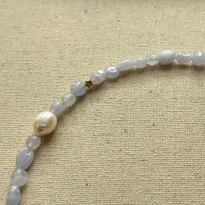 Blue Lace Agate And Freshwater Pearl Beaded Asymmetric Necklace