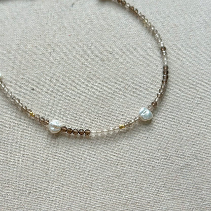 Smoky Quartz And Freshwater Pearl Beaded Asymmetric Necklace