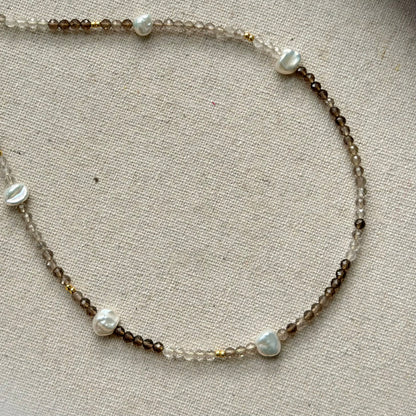 Smoky Quartz And Freshwater Pearl Beaded Asymmetric Necklace