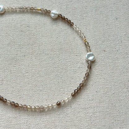 Smoky Quartz And Freshwater Pearl Beaded Asymmetric Necklace
