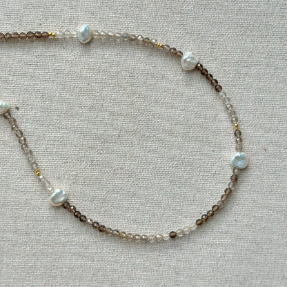Smoky Quartz And Freshwater Pearl Beaded Asymmetric Necklace