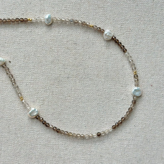 Smoky Quartz And Freshwater Pearl Beaded Asymmetric Necklace