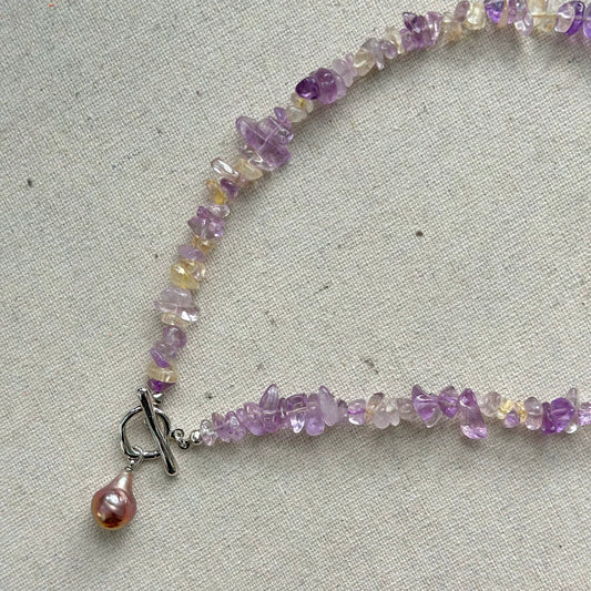 Ametrine Mixed Freshwater Pearl Beaded Hoop Toggle Necklace