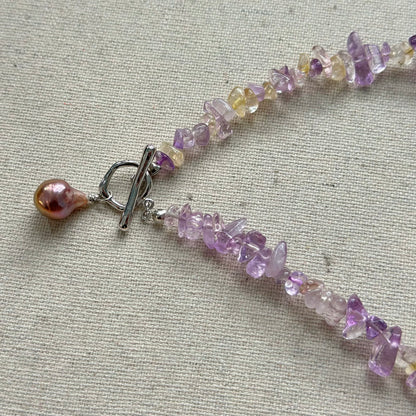 Ametrine Mixed Freshwater Pearl Beaded Hoop Toggle Necklace