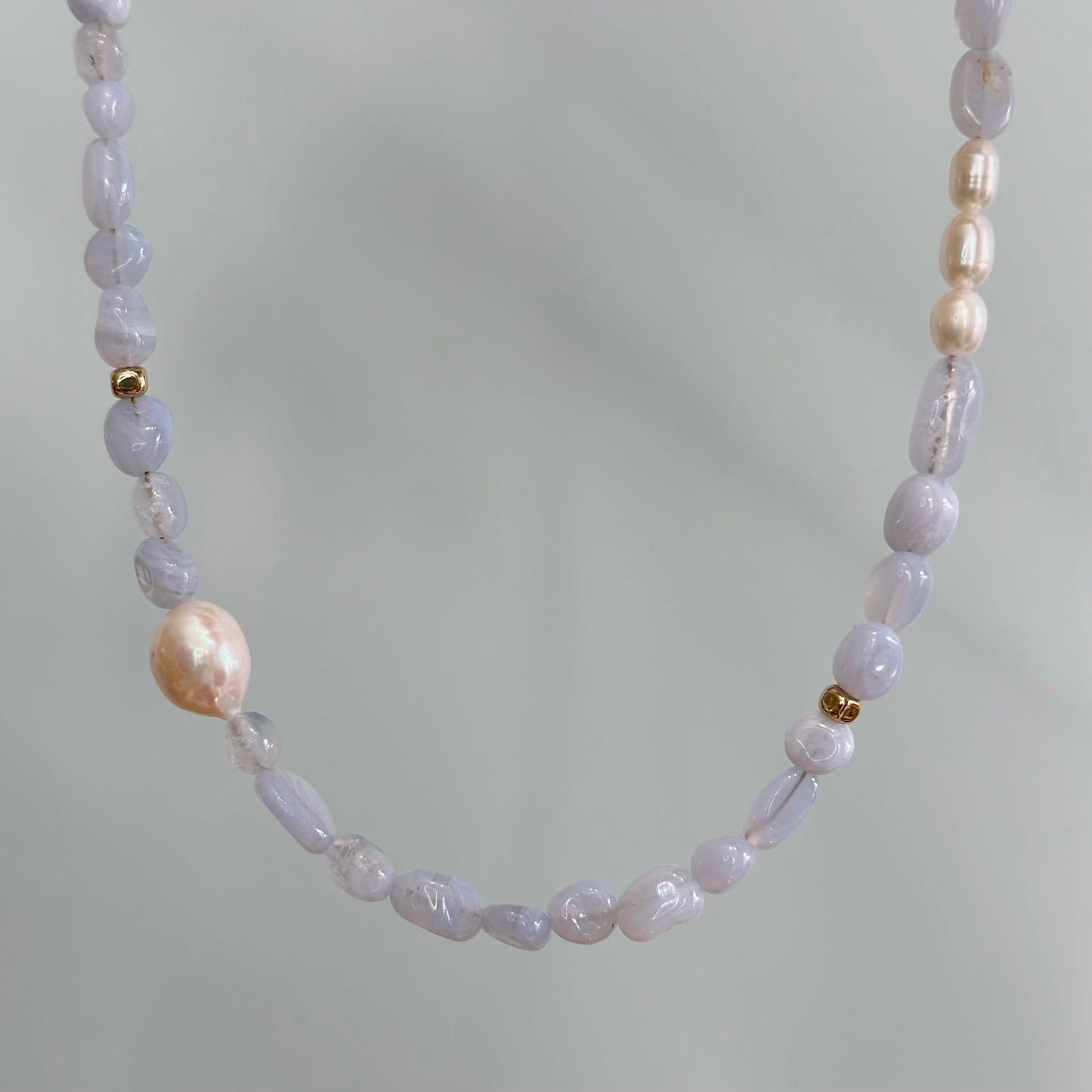 Blue Lace Agate And Freshwater Pearl Beaded Asymmetric Necklace