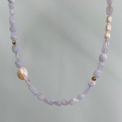 Blue Lace Agate And Freshwater Pearl Beaded Asymmetric Necklace
