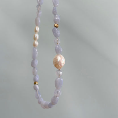 Blue Lace Agate And Freshwater Pearl Beaded Asymmetric Necklace