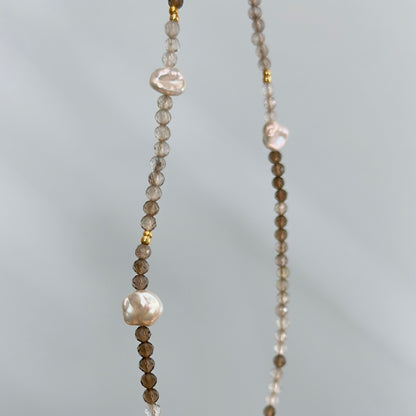 Smoky Quartz And Freshwater Pearl Beaded Asymmetric Necklace