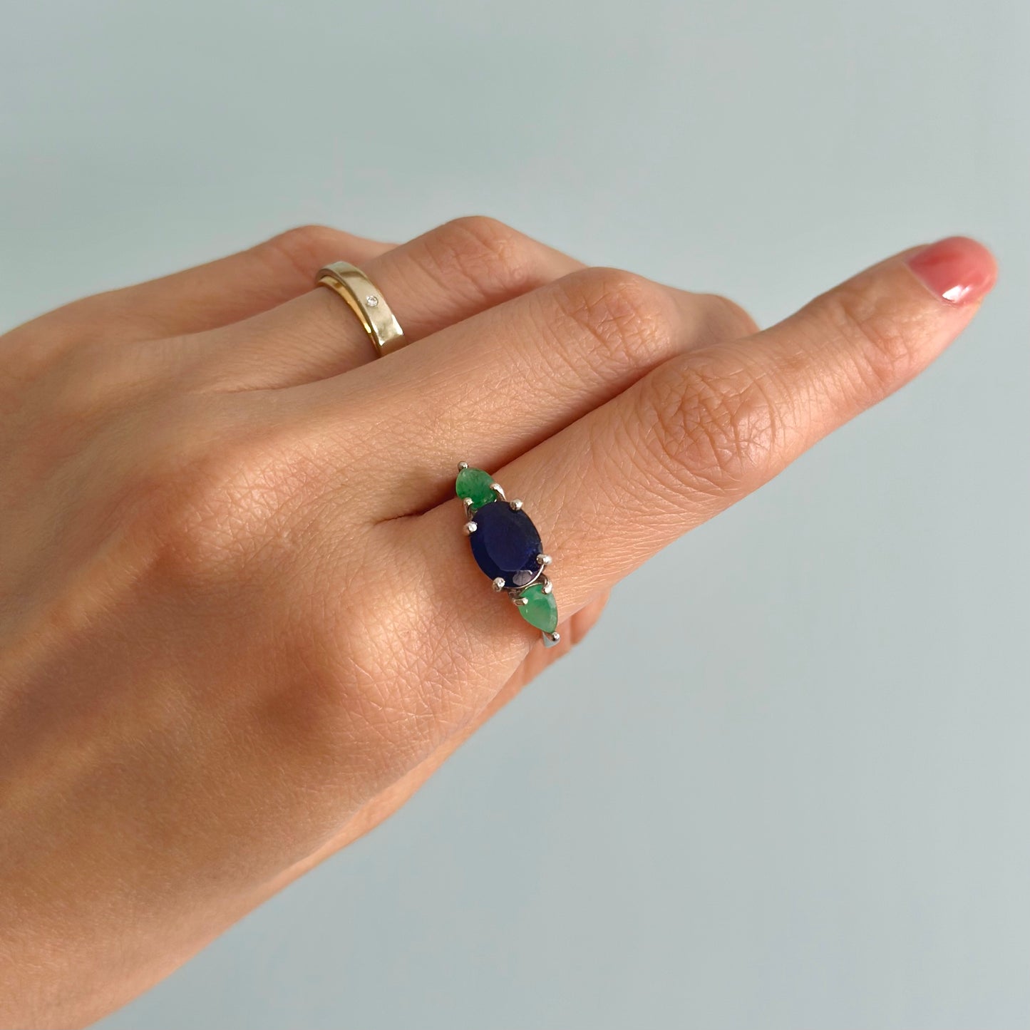 GIFT upon $1200 or above purchase- Emerald And Sapphire Sterling Silver Ring