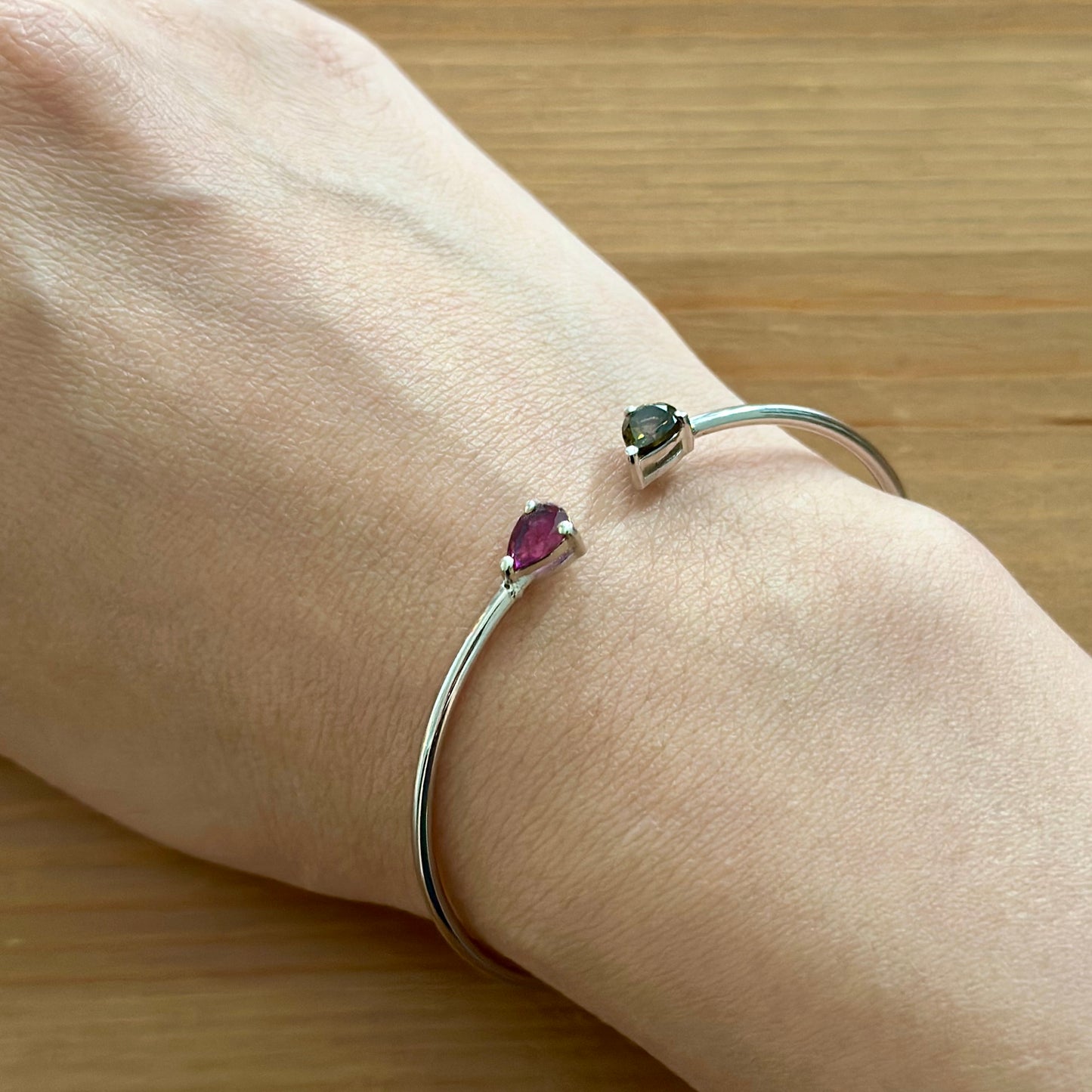 Pink And Green Tourmaline Sterling Silver Bangle